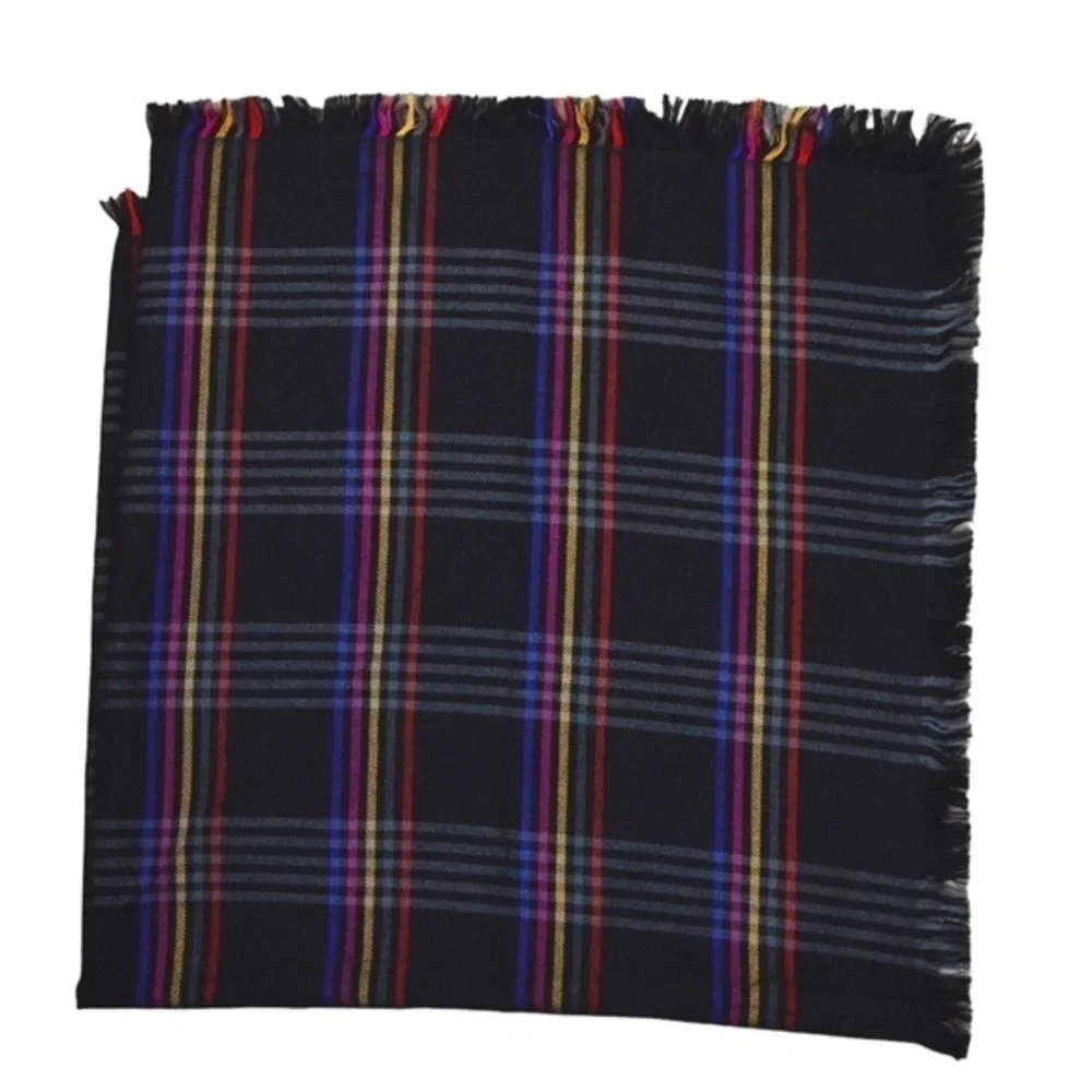 Vintage Vera‎ Neumann Large Square Acrylic Fringe Black Plaid Scarf